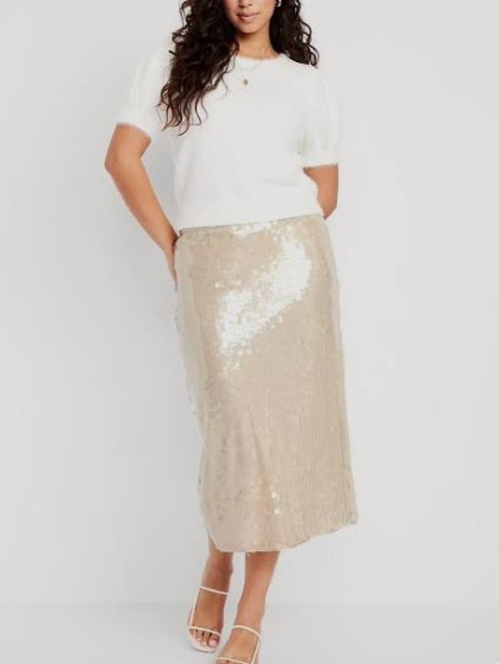 NWT Old Navy Paillette Sequin Midi Skirt Champagne Cream Bridal Party Evening XL - Picture 3 of 10